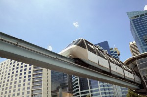 Low angle view of a monorail in an urban setting